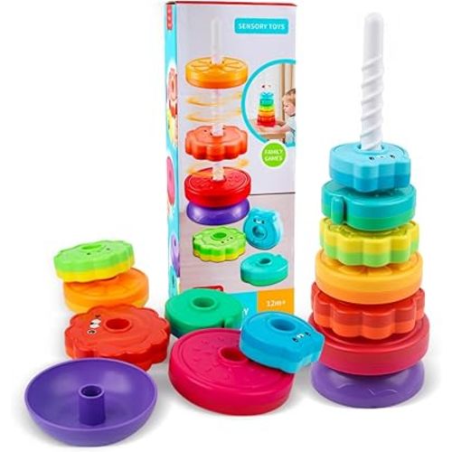 Spinning Stacking Toys for Babies 12+ Month Rainbow Ring Flowers Animals Fruits Theme Stacker ABS Toys for Toddlers 1-3 Montessori Educational Learning Sensory Toy,Stacking Toy for Kids