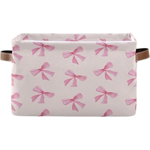 Pink Bow Storage Basket Collapsible Fabric Storage Organizer Bins with Handles for Toys Clothes Closet Shelves Nursery Office