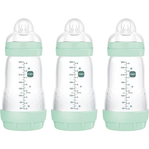 MAM Easy Start Anti-Colic Bottle 9 oz (3-Count), Baby Essentials, Medium Flow Bottles with Silicone Nipple, Baby Bottles for Baby Boy, Blue