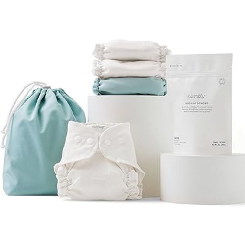 Esembly Cloth Diaper Try-It Kit, Starter Gift Set, Includes 3 Organic, Reusable Diapers Inners, 1 Stylish Outer, Patented Detergent & Wet Bag - Earth-Friendly Diapering, Mist, Size 1 (7-18lbs)