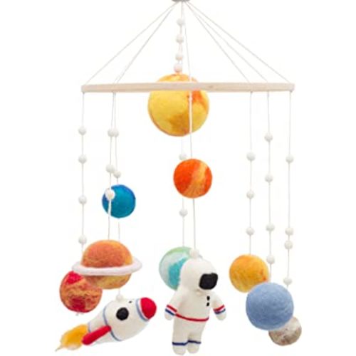 Glaciart One Space Nursery Felt Mobile - Colorful Decor for Crib, Baby Rooms - Handmade, Child-Safe Wood, Felt Wool & Cotton - Solar System Decoration for Girls & Boys - 10x20Inch
