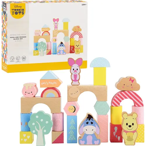 Disney Wooden Toys Winnie the Pooh & Friends Block Set, 26-Pieces Include Winnie the Pooh, Piglet and Eeyore Block Figures, Amazon Exclusive, by Just Play