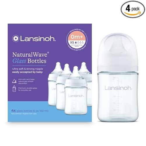 Lansinoh Glass Baby Bottles, Anti-Colic, White, 5oz, 4 Count, with Extra Slow Flow Nipples (Size XS, 0-1 Month), Baby Feeding Essentials
