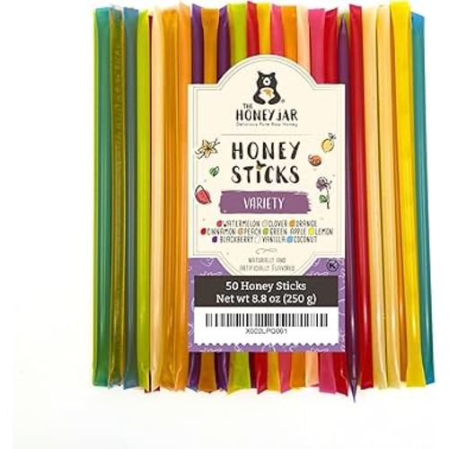 The Honey Jar Variety Pack Honey Sticks - Pure Honey Straws For Tea, Coffee, or a Healthy Treat - One Teaspoon of Flavored Honey Per Stick - Made In The USA with Real Honey - (50 Count)