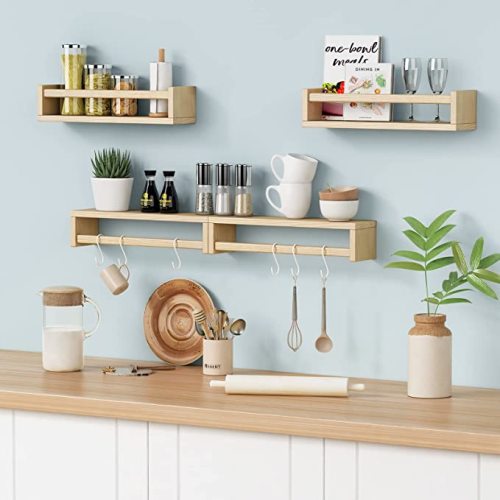 Forbena Natural Wood Nursery Book Shelves Wall Mounted, Floating Bookshelf for Kids Room, Toys and Books Storage Organizer Bookshelves for Toddler Child Bedroom Bathroom (4 Pack Natural Wood) - 16.5 Inch