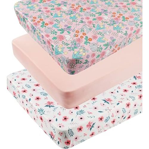 Pack n Play Sheet Stretchy Fitted Portable Mini Crib Sheets Set 3 Pack,Playard Sheets Convertible Playard Mattress Cover,Ultra Soft Jersey Material,Floral,Grey Rabbit & Pink