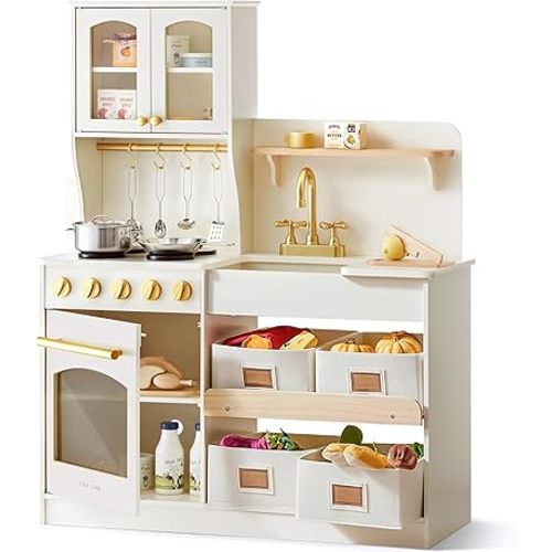 Tiny Land Play Kitchen for Kids, Wooden Toy Kitchen Set with Storage & Accessories, Toddler Kitchen Playset with Stove & Sink, Kids Kitchen Playset Gift for Ages 3-8