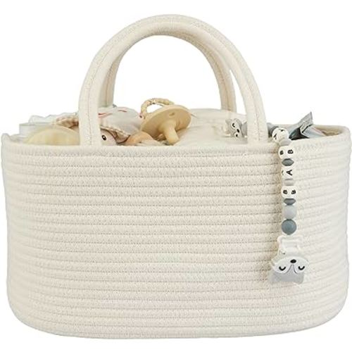 Large Baby Diaper Caddy Organizer for Girl Boy Rope Nursery Storage Bin Basket Portable Holder Tote Bag for Changing Table Car Travel Baby Shower Gifts Newborn Essentials Registry Must Haves White