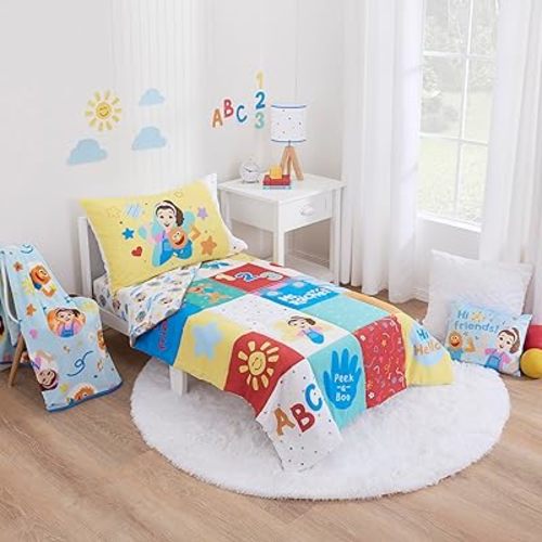 Ms. Rachel Happy Patchwork 4 Piece Toddler Bed Set - Comforter, Fitted Bottom Sheet, Flat Top Sheet, Reversible Pillowcase, Multi-Colored