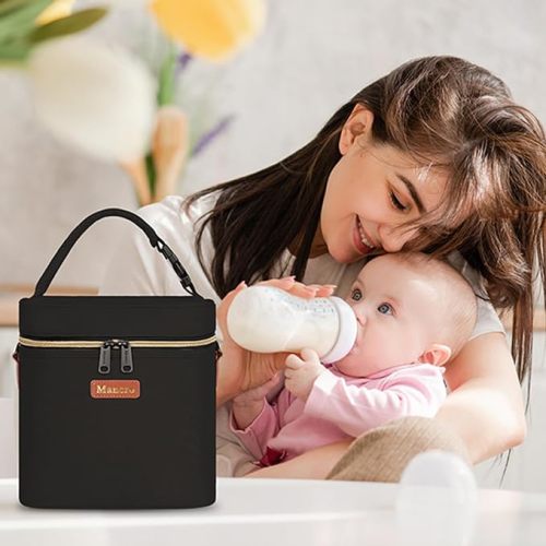 Breastmilk Cooler Bag with Ice Pack, Mancro Baby Bottle Bag Fits 4 Baby Bottles Up to 9 Ounce with Detechable Shoulder Strap, Great Breast Milk Cooler Travel, Black