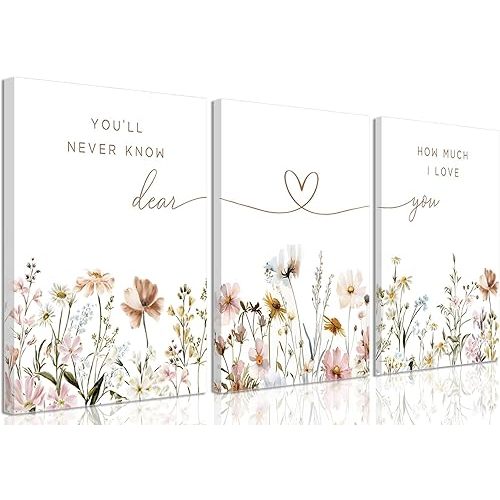 3Pcs Wildflower Nursery Canvas Wall Art Flower Botanical Sentence Poster Painting Picture Wall Decor Boho Girl Nurseries Print Artwork for Nursery Baby Room Living Room Bedroom Home Decoration16x24in