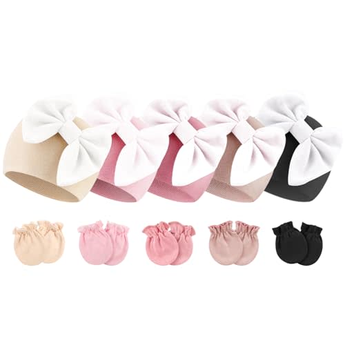 BQUBO Newborn Baby Girls Hats Mittens Set Hospital Hat Beanie Infant Bow Hats Baby Cotton Gloves for 0-6 Months