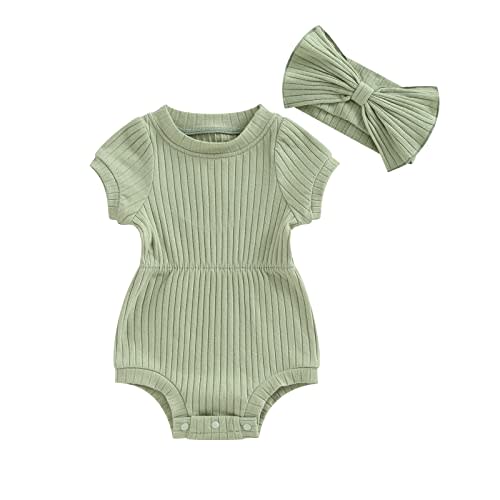 FOCUSNORM Baby Girl Summer Clothes Ribbed Short Sleeve Romper Solid Color Bodysuits Bow Headband Outfit Newborn Girl Jumpsuit