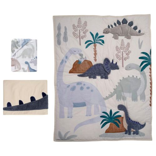 Lambs & Ivy Dino-Might 3-Piece Crib Bedding Set in White, Gray and Blue