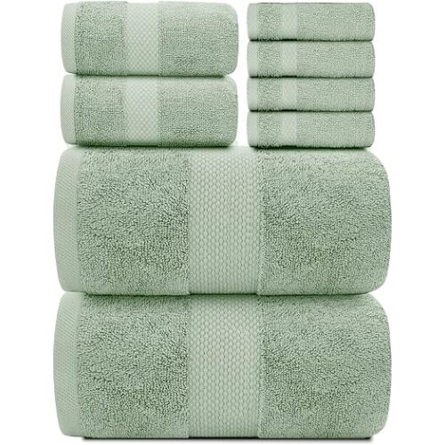 White Classic Luxury Bath Towel Set of 8 Pieces - 100% Turkish Cotton Highly Absorbent Towels for Bathroom, 2 Luxury Bath Towels 700GSM, 2 Hand Towels, 4 Washcloths, Green