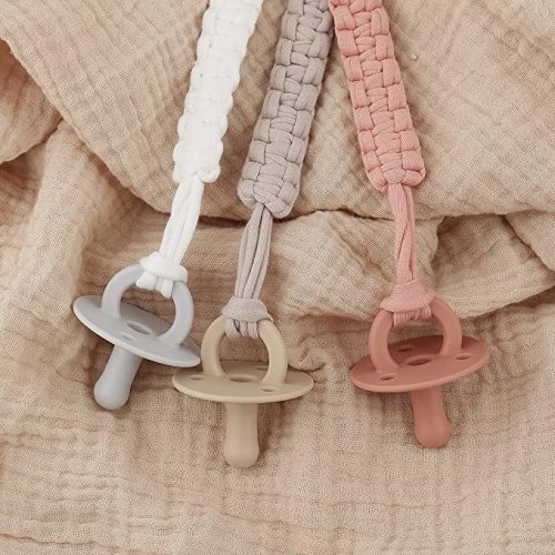 Pacifier Clip for Girl 9.2 Inch Pacifier Leashes woodern Clips Teething Toy with Handmade Braided Cotton Modern Unisex Baby Shower Birthdays Christmas Set (3 Pack Grils) - White beige pink