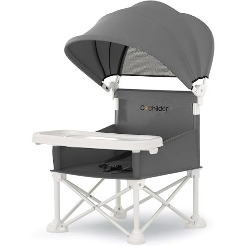 4-in-1 Portable Baby Chair, Foldable Toddler Booster Seat with Removable Tray, Canopy & Safety Harness, Gray