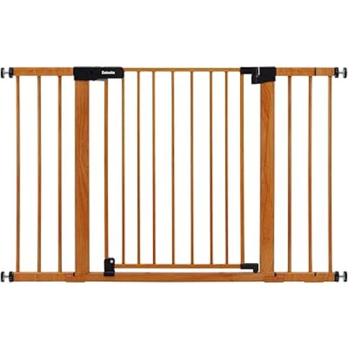 BABELIO 29-48" Metal Baby Gate with Brown Wood Pattern, Auto Close Dog Gate for The House, Stairs and Doorways, Pressure Mounted Pet Gate with Door, Safety Gate for Child and Pets