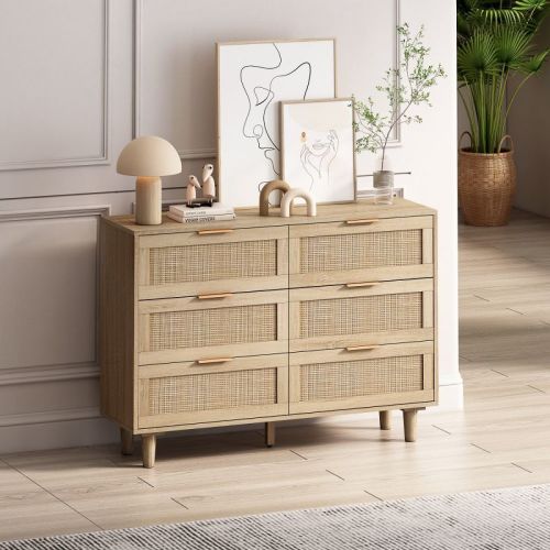 6 Drawer Dresser Rattan Dresser Modern Chest with Drawers, Wood Storage Closet Dressers Chest of Drawers for Bedroom,Living Room,Hallway
