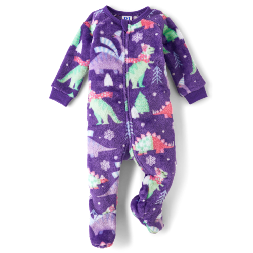 Baby And Toddler Girls Dino Fleece Footed One Piece Pajamas - Purplerain