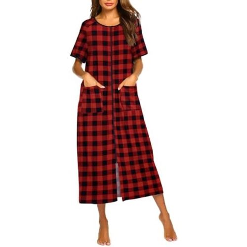Ekouaer Women Robes Zipper Front Short Sleeve Full Length Housecoat with Pockets Loungewear S-4XL