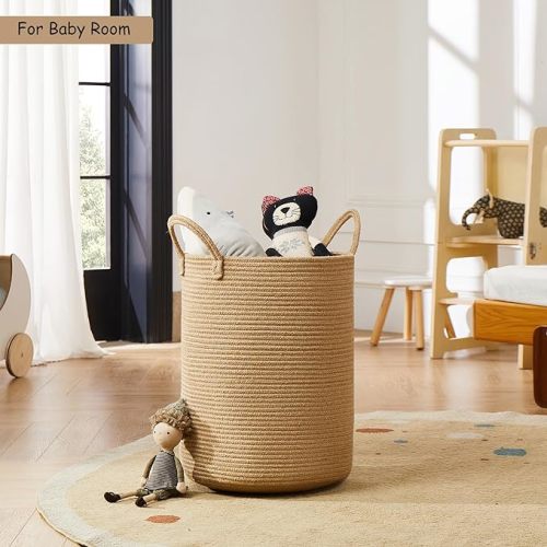Jute Woven Rope Laundry Hamper Basket, 15Dx20H inches Tall Hamper Basket for Blanket Storage, Nursery Clothes Hamper for Laundry in Bedroom - 60L, (15"D x 20"H)