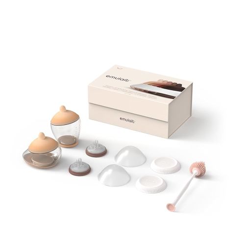 Emulait Baby Bottle Starter Kit Includes 2 Bottles 2 Nipples 2 Caps 2 Lids 2 Responsive Flow Valves, Cleaning Brush - Light - Shape 2-RFV