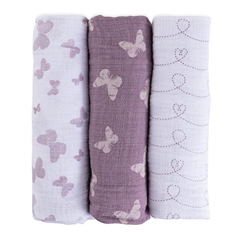 Ely's & Co. Muslin Swaddle Blanket 100% Soft Muslin Cotton 3 Pack 47"x 47" (Lavender Butterfly)