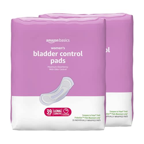 Amazon Basics Incontinence Pads for Women Long, Bladder Control, Postpartum, Maximum Absorbency, Unscented, 78 Count (2 Packs of 39)