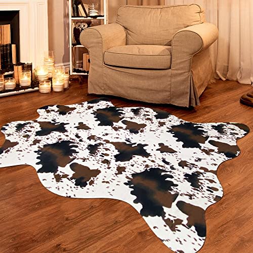 Faux Cowhide Rug Cute Cow Print Rug Cow Rugs for Bedroom Living Room Nursery Western Home Decor Area Rug, Brown and White 4.6 x 5.2 Feet