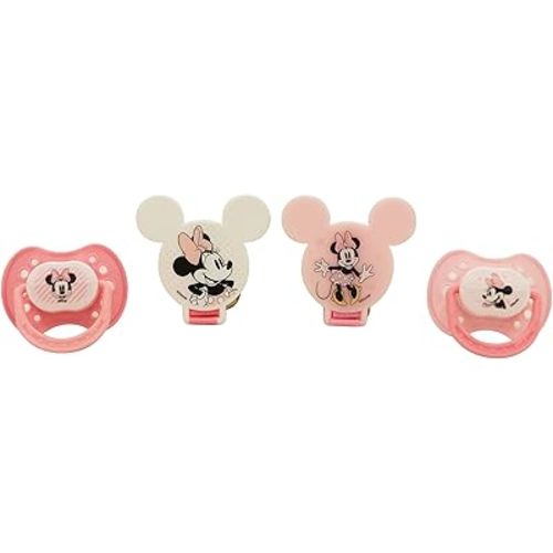 Disney Cudlie Minnie Mouse Baby Girl 4 Pack of 2 Pacifiers & 2 Clips with Sugar & Spice Print