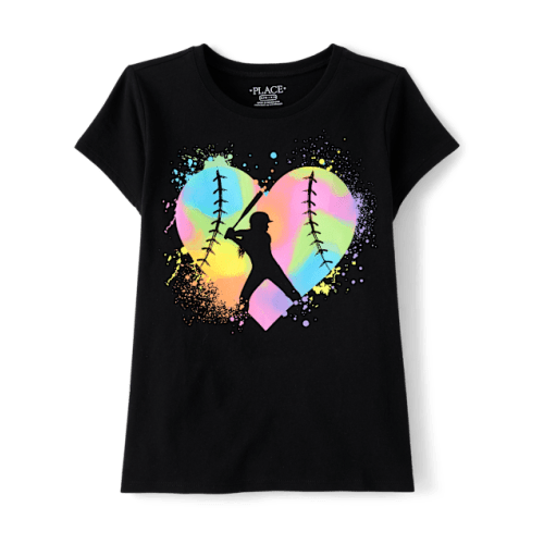 Girls Softball Heart Graphic Tee - Black