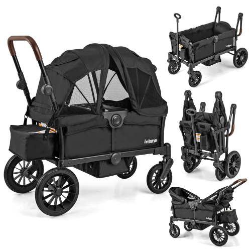 OLAKIDS Wagon Stroller for 2 Kids, Collapsible Adjustable Push Pull Handle Bar, 2 Seater Stroller Wagon with Removable Canopy Snack Tray, Comfortable Drop-Down footwell and Upholstered Seats