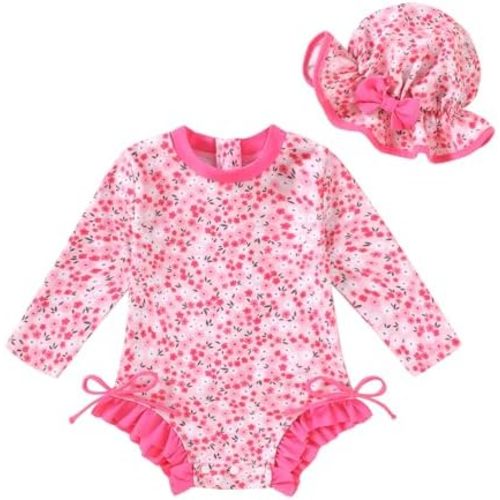 Infant Baby Swimsuit Girl Long Sleeve UPF 50+ Sun Protection One-Piece Rash Guard with Hat Zipper Bathing Suit