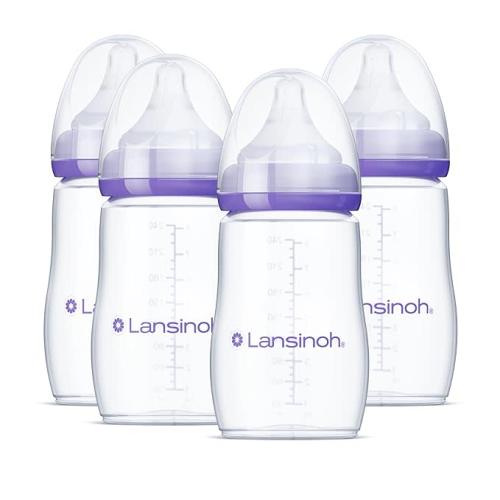 Lansinoh Anti-Colic Baby Bottles - 8 Ounces, 4 Count, Medium Flow Nipples (Size M), Breastfeeding Bottle with NaturalWave Design