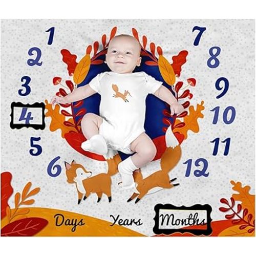 PAMBO Fox Baby Month Milestone Blanket for Baby Boy & Girl - Baby Age Blanket for Photo Taken| Fox Themed BabyShower Gifts