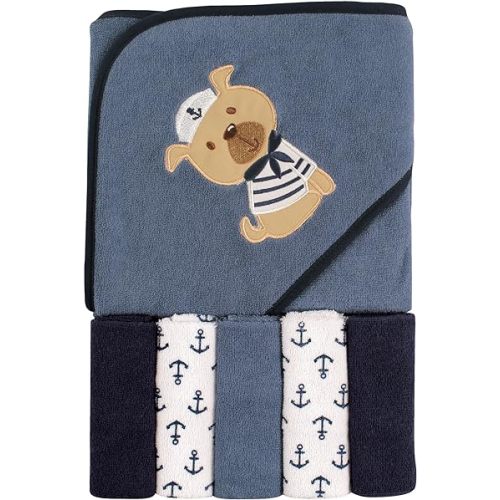 Luvable Friends Unisex Baby Hooded Towel with Five Washcloths, Dog, One Size