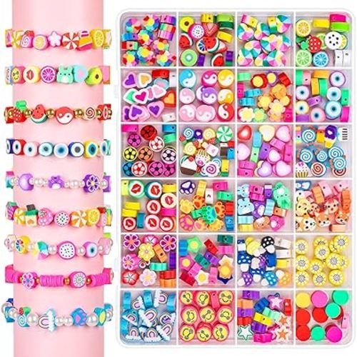 Thrilez 480 Pcs Fruit Flower Polymer Clay Beads, 24 Styles Clay Bead Charms for Bracelets Making, Jewelry Making, Necklace and Earring with Elastic String