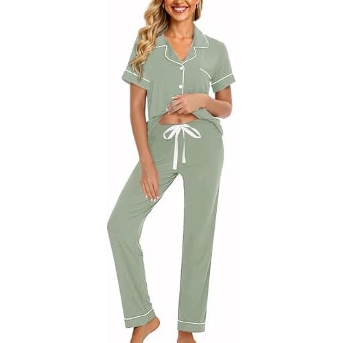Womens Soft Pajamas Set XS-XXL Button Down Sleepwear Short Sleeves Pajama sets with Long Pants Pj Set Nightwear