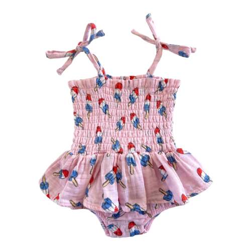 Muslin Smocked Bubble w/ Skirt, Pink Astropops
