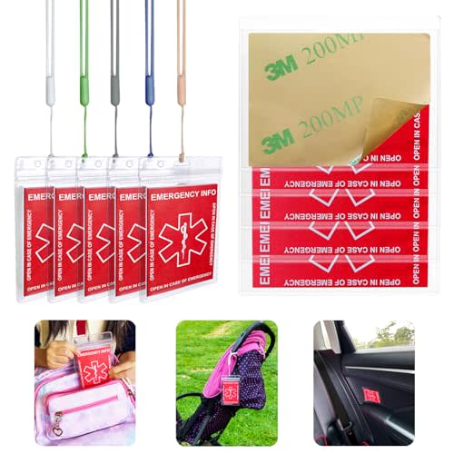 HoHpHq Emergency Contact Card 12 Pack with 10 Card Sleeves - Child ID Card for Car Seat Safety Stickers and Backpack Tags for Kids - Life Alert for Travel,Camping,Medical Fokder,Daycare Essential