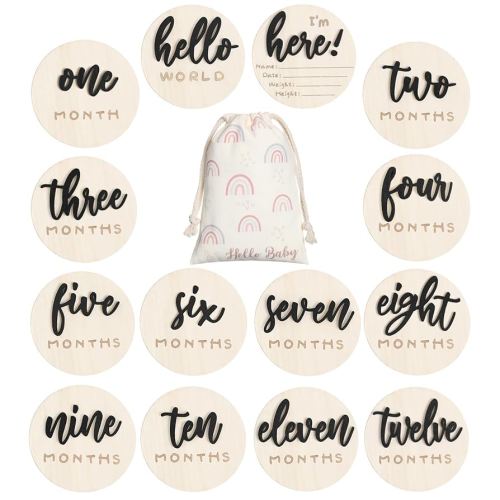 3D Baby Milestone Wooden Circles Hello World Newborn Sign 7 Pack Double Sided Monthly Milestone Cards Baby Announcement Sign for Newborn Shower Photo Props (Black)