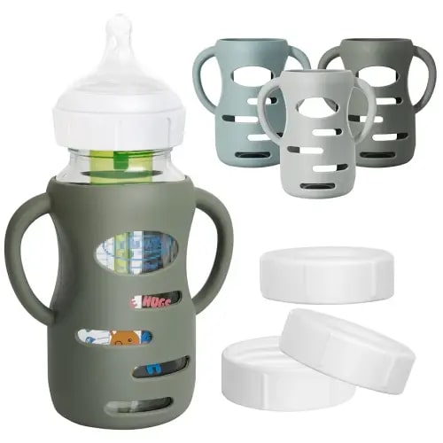 3 Pack Silicone Sleeves for Dr Brown Wide-Neck Glass Baby Bottles, Food GradeAnti Breakage Baby Bottle Holder with Handles and 3pcs Travel Bottle Caps, 9oz