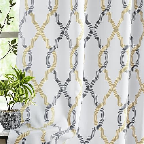 100% Blackout Curtains 84 Inches Long for Bedroom, Yellow Grey on White Moroccan Geometric Patterned Window Curtain for Living Room, Farmhouse Thermal Insulated Drapes Grommet Top 2 Panels