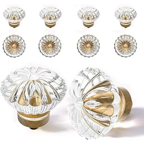 Crystal Cabinet Knobs Cabinets Knob, 8 Pack Flower Antique Brass Vintage Glass Clear Crystal Small Pull for Closet Dresser Drawers Cupboard Wardrobe, Alloy Retro Pulls Old Style Bronze Drawer Handle