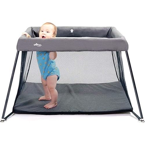 UNiPLAY Foldable Travel Crib, Lightweight Portable Playpen, Easy to Pack Playard with Comfortable Mattress and Breathable Mesh Liner for Infants and Toddlers