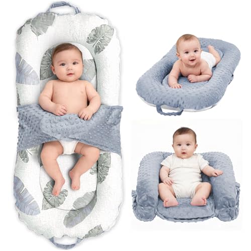 Baby Lounger, 3-in-1 Portable Infant Lounger for Newborns 0-24 Months, Foldable Tummy Time Pillow and Sitting Seat with Removable Cover, Dual-Sided 100% Cotton and Velvet, Ideal Baby Shower Gift