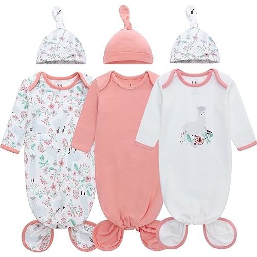 Miracle Baby Newborn Knotted Gown with Hat Set, 3 Pack Newborn Nightgowns, Baby Sleeper Gowns with Mitten Cuffs for Girls 0-6 Months