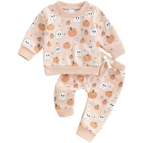 Emmababy Baby Girl Halloween Outfit Toddler Pumpkin Sweatshirt Long Sleeve Pullover Tops Floral Pants Set Infant Fall Clothes