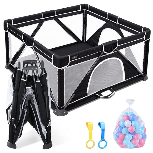 ANGELBLISS Baby Playpen, Foldable Playpen for Babies and Toddlers, Indoor & Outdoor Baby Activity Center with Visible Breathable Mesh, Portable Play Yard with 2 Handlers+50 Balls-50”×50”(Black)